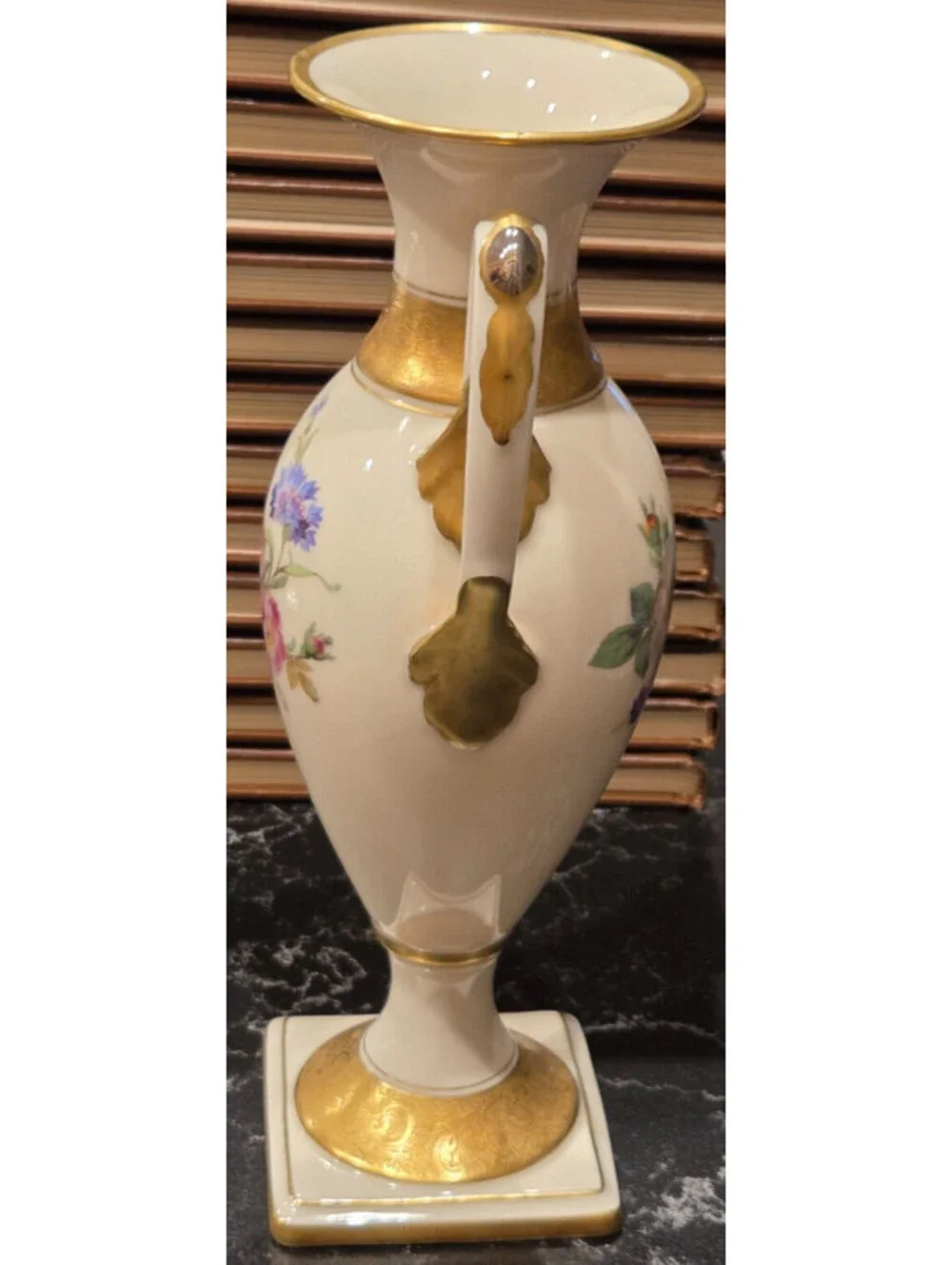 Vintage Lindner Kueps Bavaria Floral Porcelain Amphora Vase Gold Swan Handles